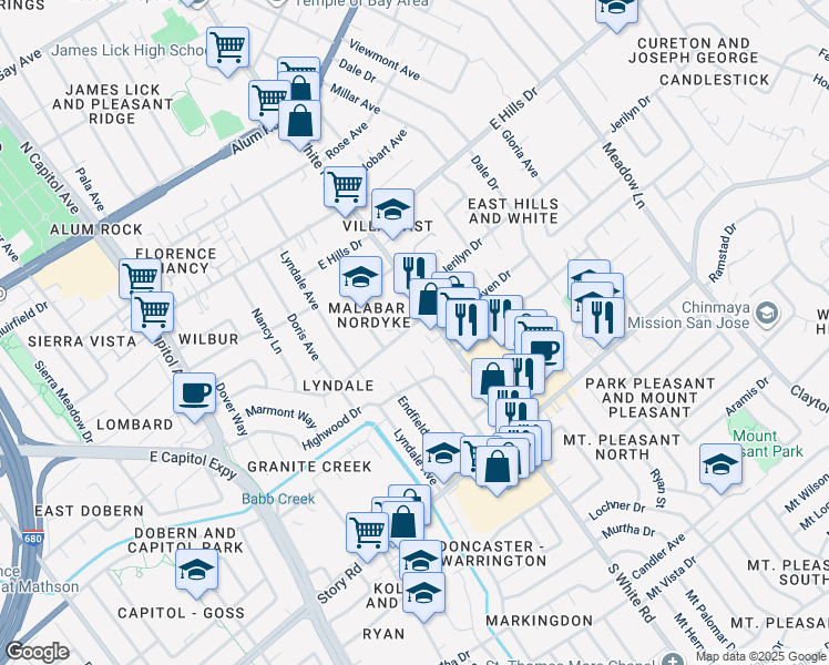 map of restaurants, bars, coffee shops, grocery stores, and more near 803 South White Road in San Jose