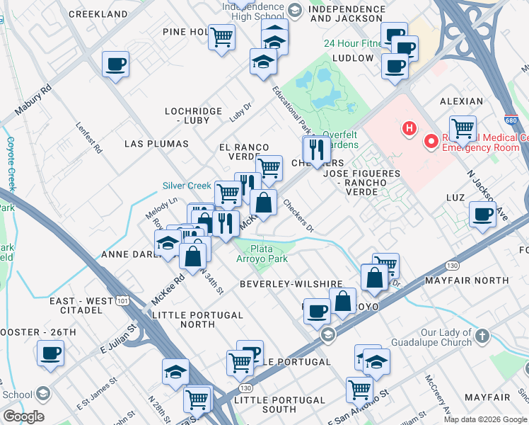 map of restaurants, bars, coffee shops, grocery stores, and more near 1743 Arroyo De Oro in San Jose