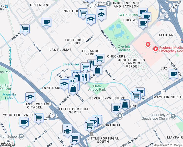 map of restaurants, bars, coffee shops, grocery stores, and more near 1735 McKee Road in San Jose