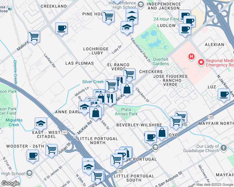 map of restaurants, bars, coffee shops, grocery stores, and more near 1735 McKee Road in San Jose