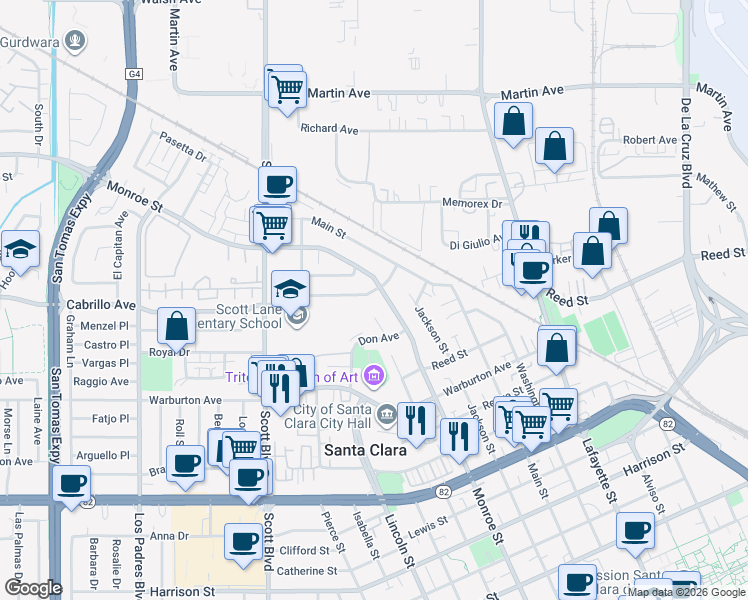 map of restaurants, bars, coffee shops, grocery stores, and more near 2068 Monroe Street in Santa Clara