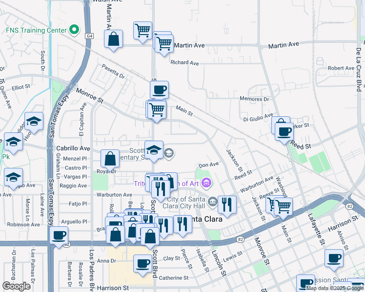map of restaurants, bars, coffee shops, grocery stores, and more near 1724 Cabrillo Avenue in Santa Clara