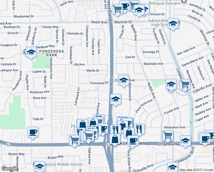 map of restaurants, bars, coffee shops, grocery stores, and more near 2015 Klamath Avenue in Santa Clara