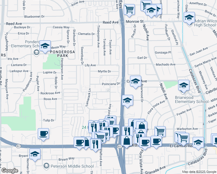 map of restaurants, bars, coffee shops, grocery stores, and more near 2018 Halford Avenue in Santa Clara