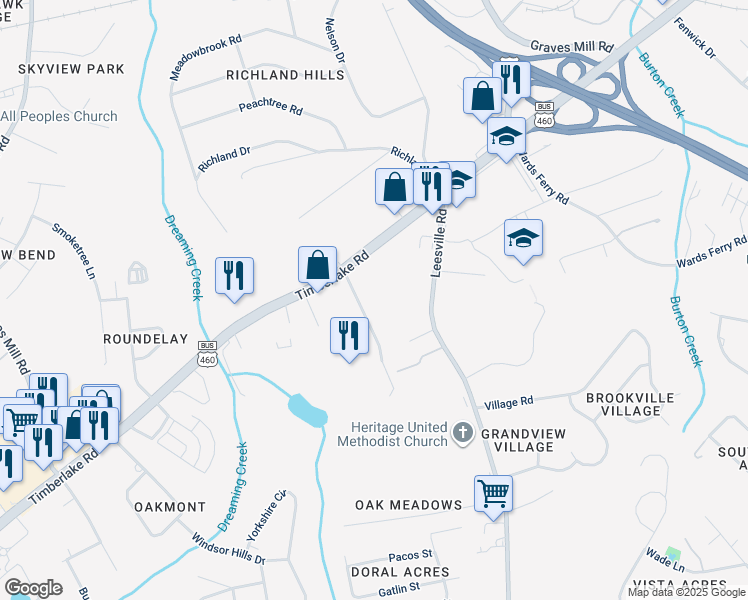 map of restaurants, bars, coffee shops, grocery stores, and more near 1000 Misty Mountain Road in Lynchburg