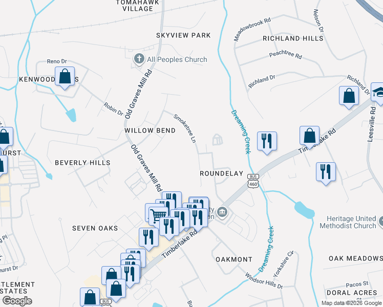 map of restaurants, bars, coffee shops, grocery stores, and more near 332 Smoketree Lane in Lynchburg