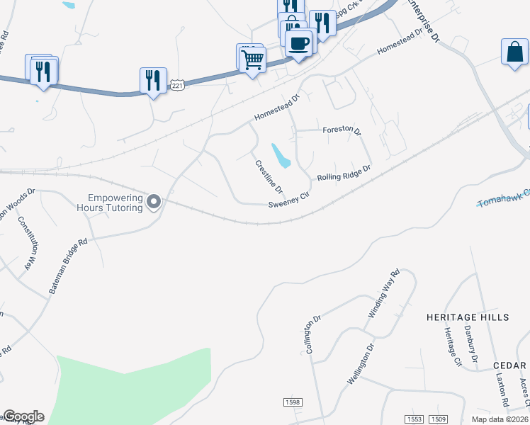 map of restaurants, bars, coffee shops, grocery stores, and more near 504 Sweeney Circle in Forest