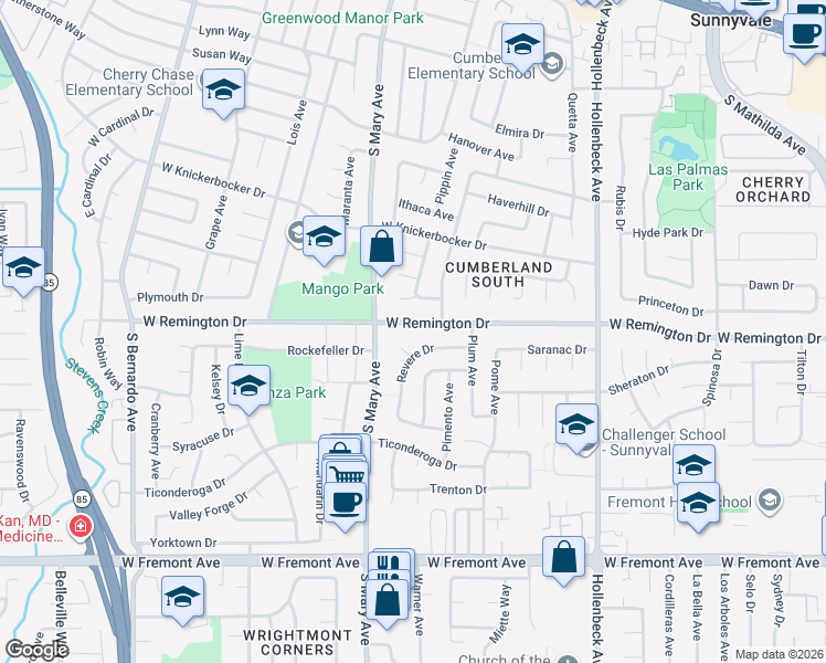 map of restaurants, bars, coffee shops, grocery stores, and more near 873 Pecan Court in Sunnyvale