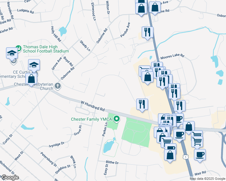 map of restaurants, bars, coffee shops, grocery stores, and more near 12112 Park Rd in Chester