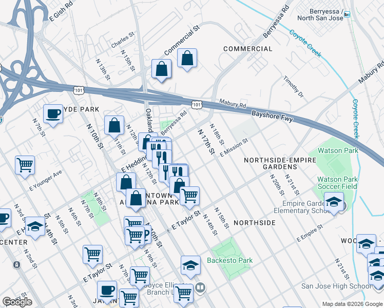 map of restaurants, bars, coffee shops, grocery stores, and more near 726 Vestal Street in San Jose