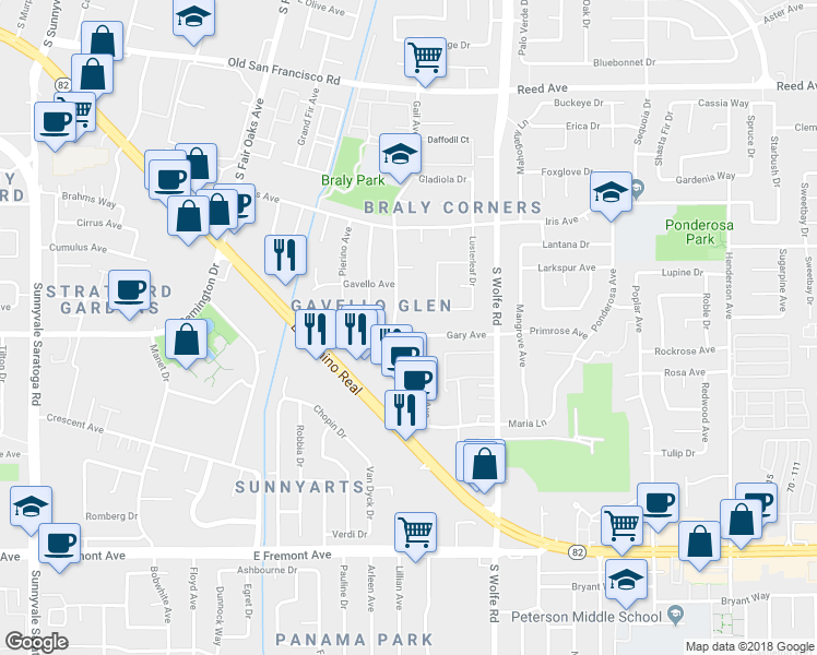map of restaurants, bars, coffee shops, grocery stores, and more near 805 Gary Avenue in Sunnyvale