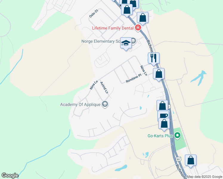 map of restaurants, bars, coffee shops, grocery stores, and more near 206 Haradd Lane in Williamsburg