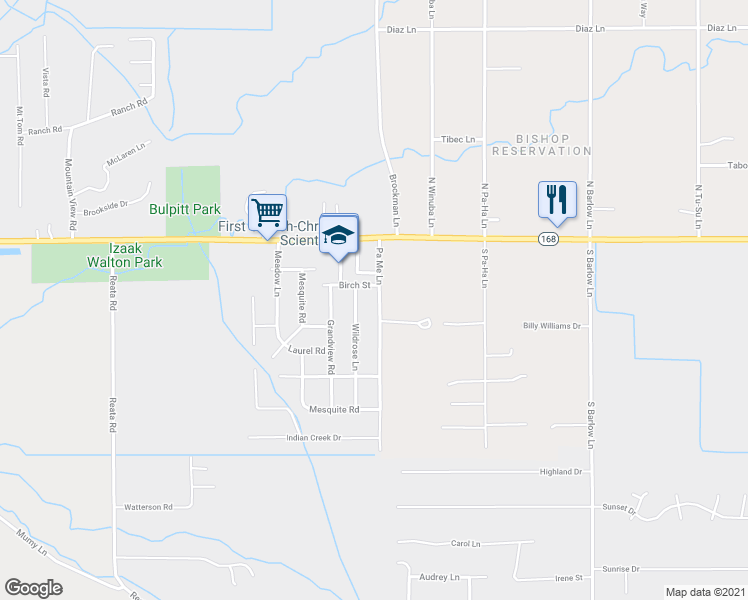 map of restaurants, bars, coffee shops, grocery stores, and more near 236 Pa Me Lane in Bishop