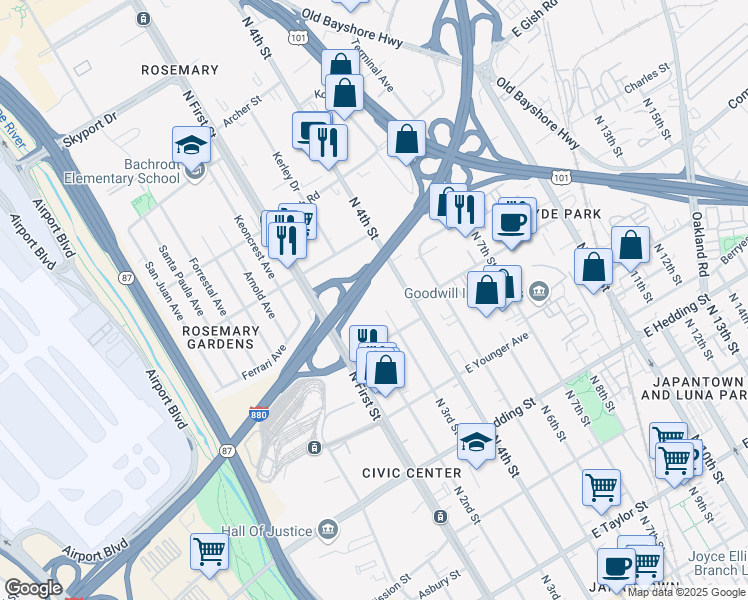 map of restaurants, bars, coffee shops, grocery stores, and more near 1161 North 4th Street in San Jose