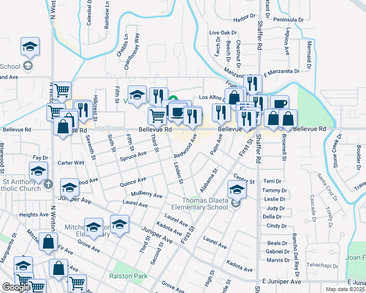 map of restaurants, bars, coffee shops, grocery stores, and more near 2359 Redwood Avenue in Atwater