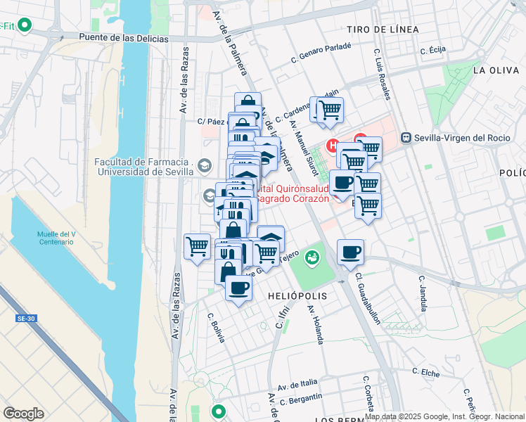 map of restaurants, bars, coffee shops, grocery stores, and more near 10 Calle San Antonio María Claret in Sevilla
