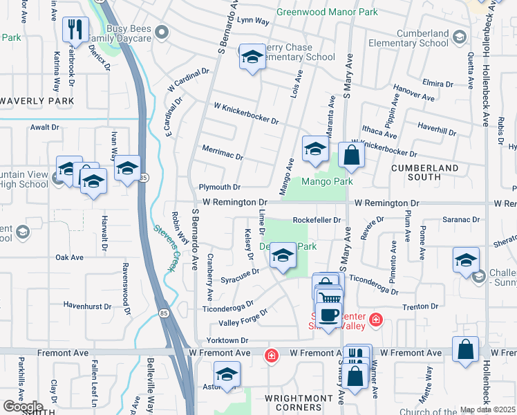 map of restaurants, bars, coffee shops, grocery stores, and more near 1050 West Remington Drive in Sunnyvale