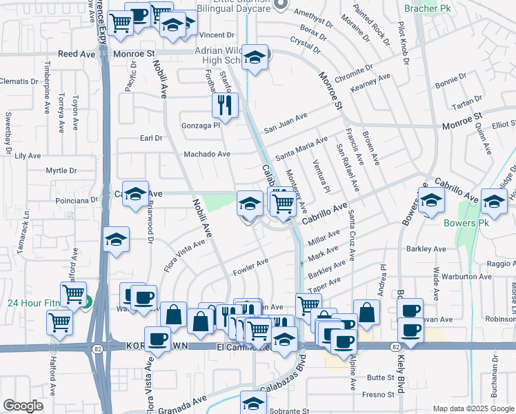 map of restaurants, bars, coffee shops, grocery stores, and more near 2038 Kington Place in Santa Clara