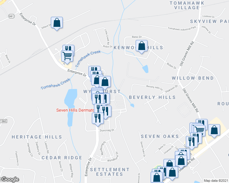 map of restaurants, bars, coffee shops, grocery stores, and more near Northwynd Circle in Lynchburg