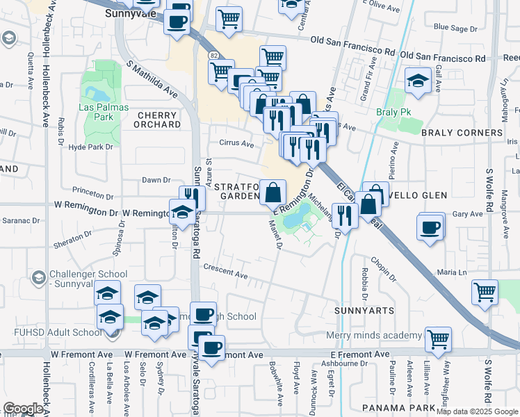 map of restaurants, bars, coffee shops, grocery stores, and more near 575 East Remington Drive in Sunnyvale