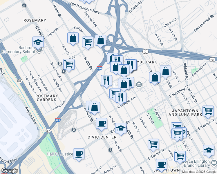 map of restaurants, bars, coffee shops, grocery stores, and more near 1091 North 5th Street in San Jose