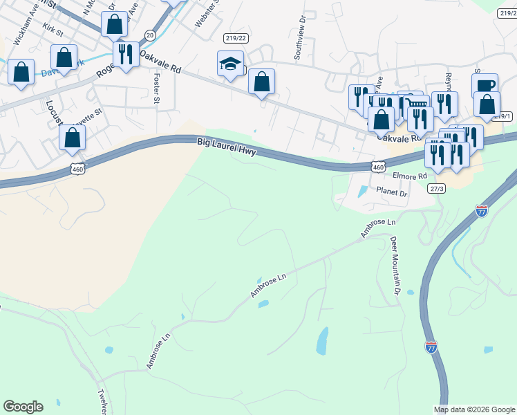 map of restaurants, bars, coffee shops, grocery stores, and more near 574 Misty Hills Drive in Princeton