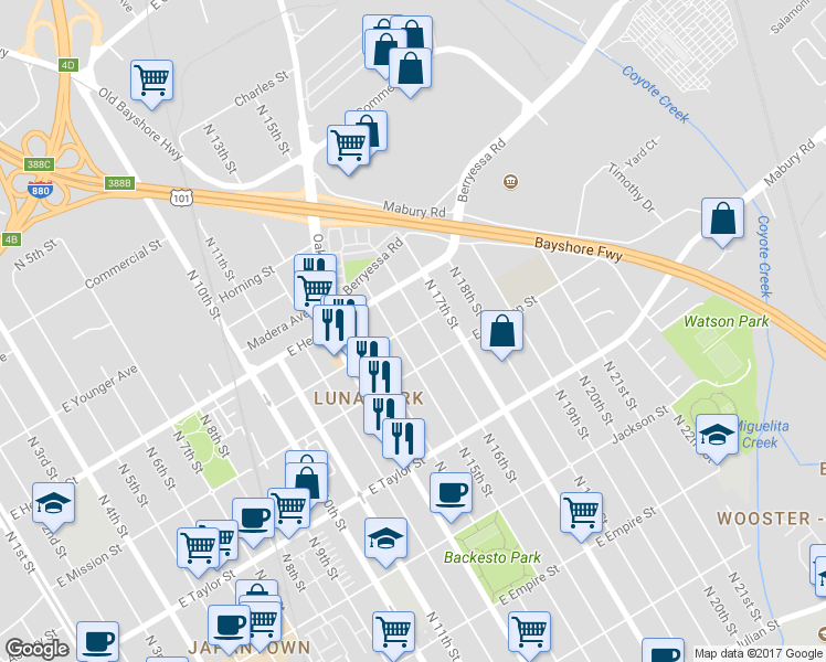 map of restaurants, bars, coffee shops, grocery stores, and more near 726 Vestal Street in San Jose