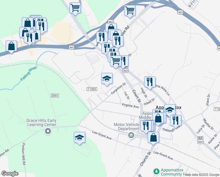 map of restaurants, bars, coffee shops, grocery stores, and more near 185 Learning Lane in Appomattox