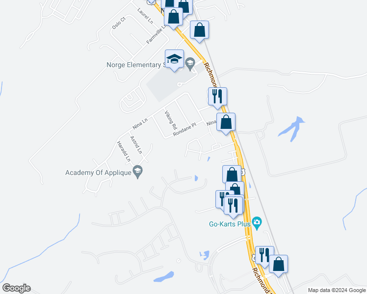 map of restaurants, bars, coffee shops, grocery stores, and more near 1202 Rustads Circle in Williamsburg