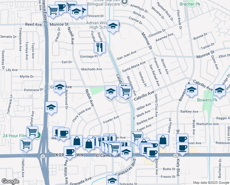 map of restaurants, bars, coffee shops, grocery stores, and more near 2038 Kington Place in Santa Clara