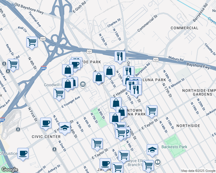 map of restaurants, bars, coffee shops, grocery stores, and more near 962 South 10th Street in San Jose