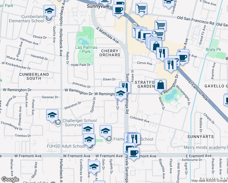 map of restaurants, bars, coffee shops, grocery stores, and more near 537 West Remington Drive in Sunnyvale