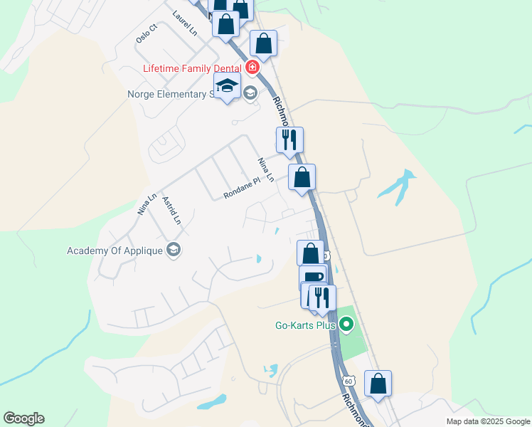 map of restaurants, bars, coffee shops, grocery stores, and more near 701 Rustads Circle in Williamsburg