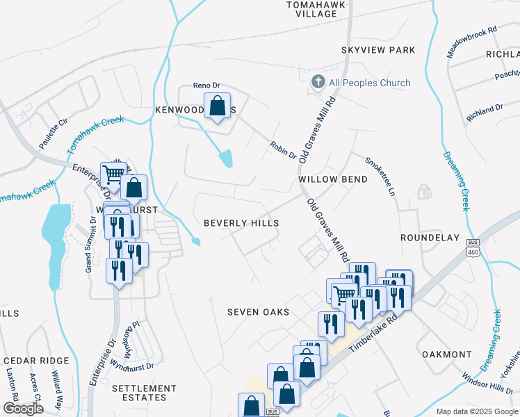 map of restaurants, bars, coffee shops, grocery stores, and more near 240 Beverly Hills Circle in Lynchburg
