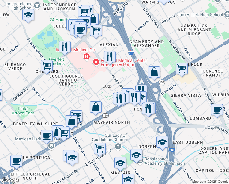 map of restaurants, bars, coffee shops, grocery stores, and more near 2193 Luz Avenue in San Jose