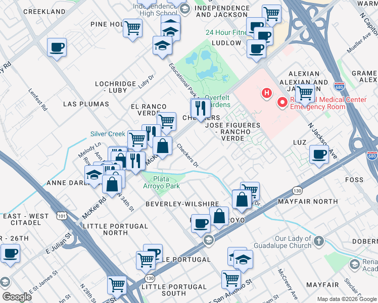 map of restaurants, bars, coffee shops, grocery stores, and more near 259 Checkers Drive in San Jose