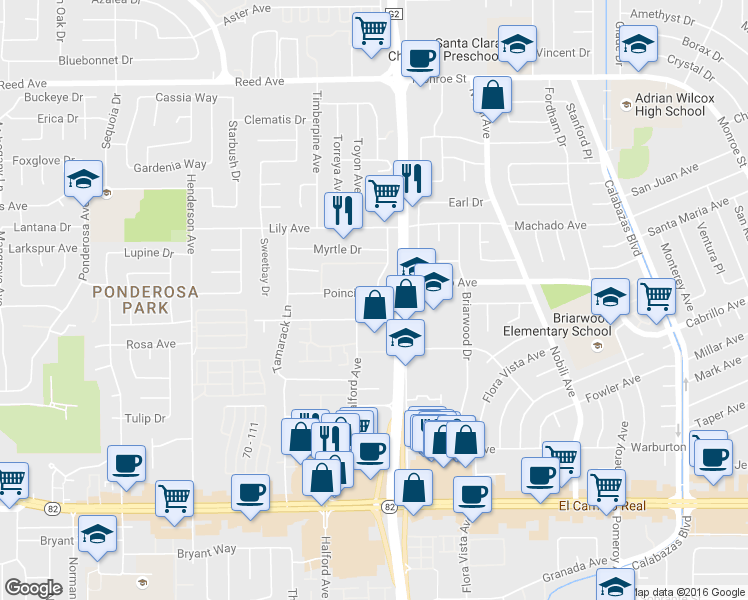 map of restaurants, bars, coffee shops, grocery stores, and more near 2015 Klamath Avenue in Santa Clara