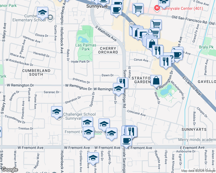 map of restaurants, bars, coffee shops, grocery stores, and more near 537 West Remington Drive in Sunnyvale