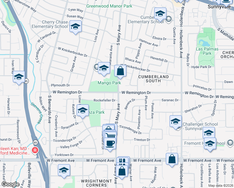 map of restaurants, bars, coffee shops, grocery stores, and more near 902 West Remington Drive in Sunnyvale