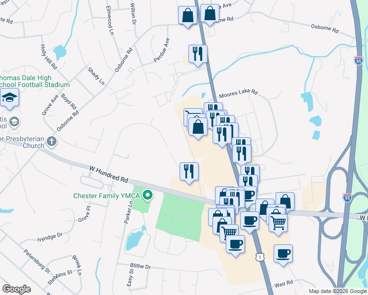 map of restaurants, bars, coffee shops, grocery stores, and more near 2932 Mountclair Road in Chester