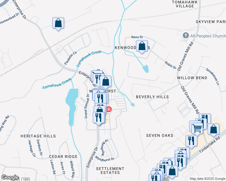 map of restaurants, bars, coffee shops, grocery stores, and more near 653 Wyndhurst Drive in Lynchburg