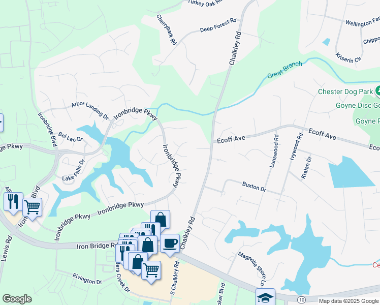 map of restaurants, bars, coffee shops, grocery stores, and more near 6002 Oak Landing Drive in Chester