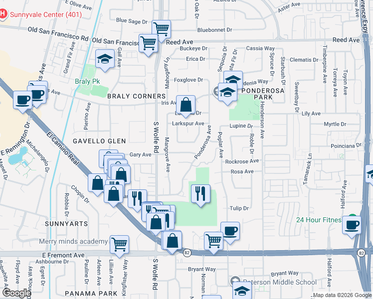map of restaurants, bars, coffee shops, grocery stores, and more near 938 Primrose Avenue in Sunnyvale