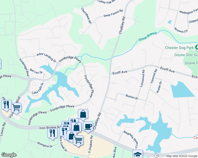 map of restaurants, bars, coffee shops, grocery stores, and more near 6002 Oak Landing Drive in Chester
