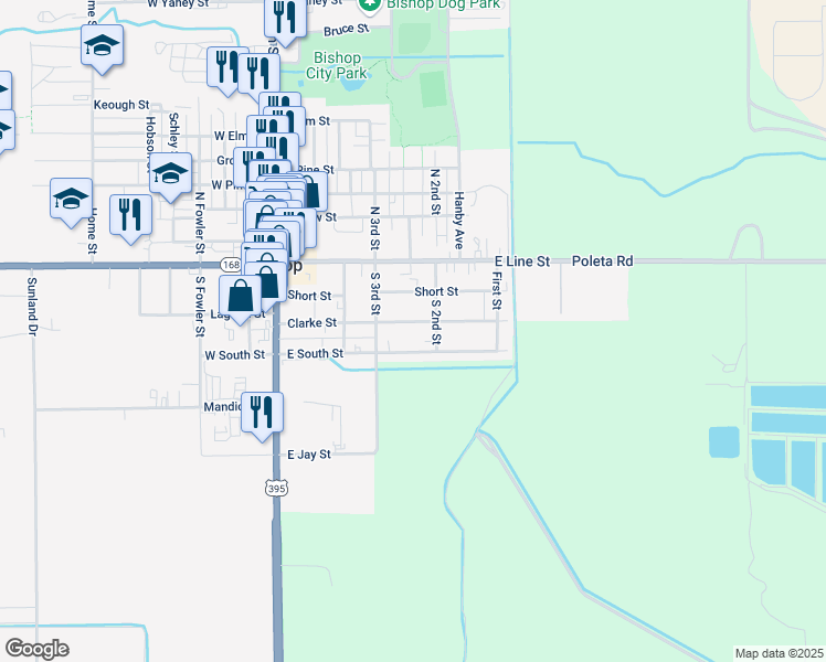 map of restaurants, bars, coffee shops, grocery stores, and more near 351 East South Street in Bishop