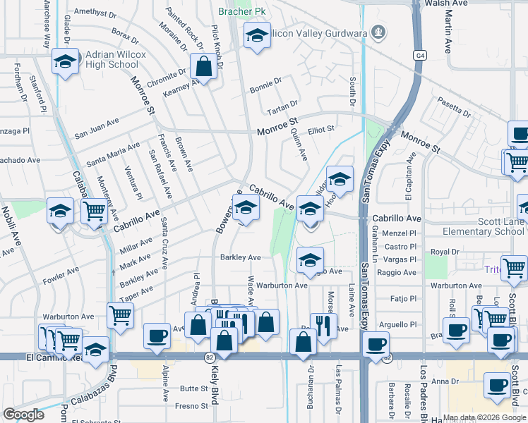 map of restaurants, bars, coffee shops, grocery stores, and more near 2582 Cabrillo Avenue in Santa Clara
