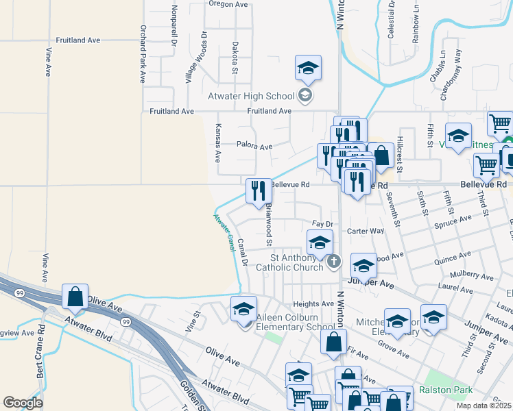 map of restaurants, bars, coffee shops, grocery stores, and more near 2324 Crestview Drive in Atwater