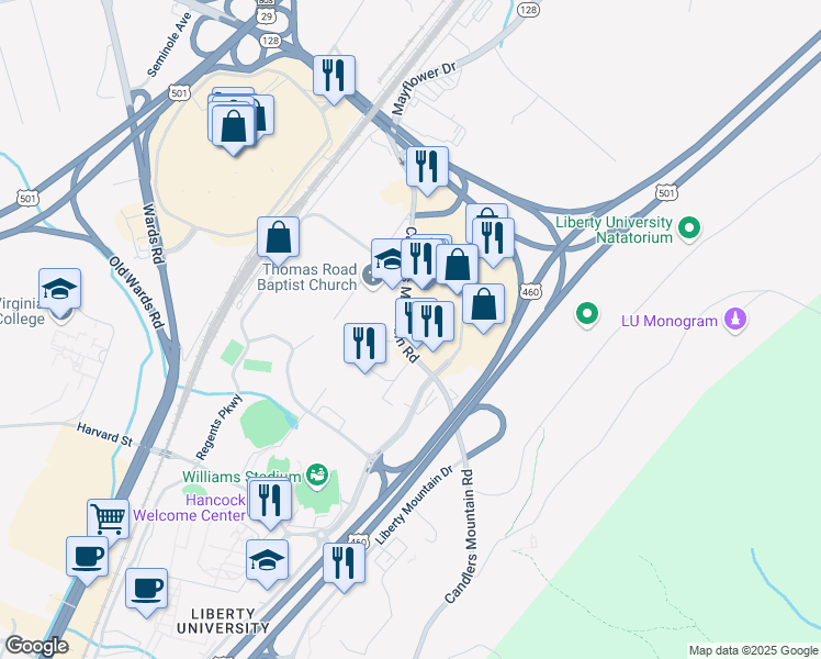 map of restaurants, bars, coffee shops, grocery stores, and more near 3730 Candlers Mountain Road in Lynchburg