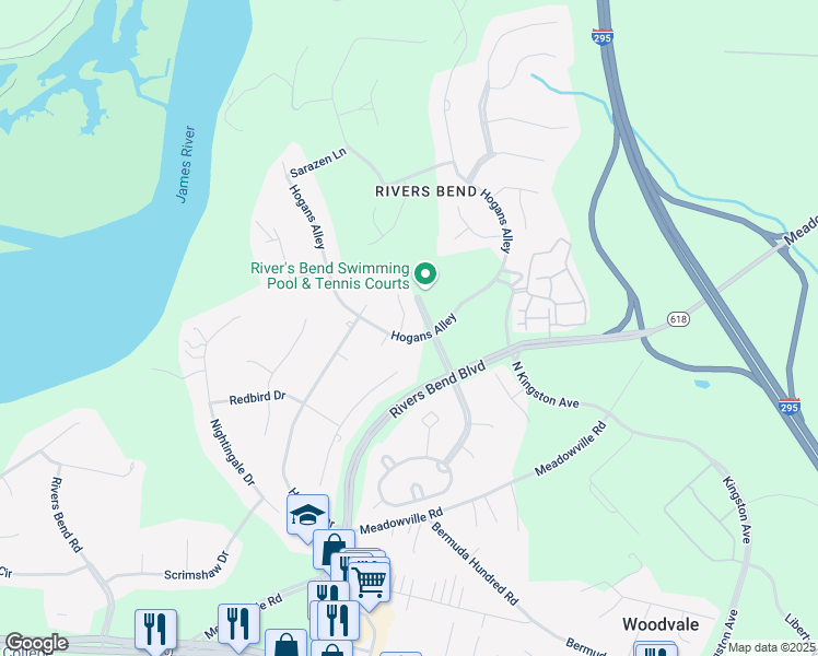 map of restaurants, bars, coffee shops, grocery stores, and more near 12412 Hogans Alley in Chester