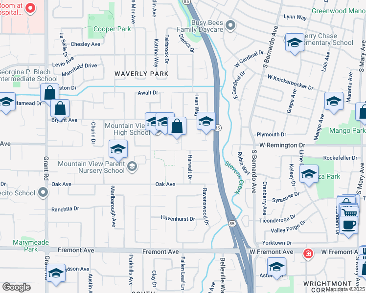 map of restaurants, bars, coffee shops, grocery stores, and more near 3535 Truman Avenue in Mountain View